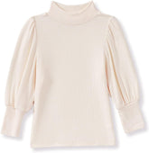 Toddler Baby Girl Basic Solid Color Turtleneck T Shirt Ribbed Knit Top Puff Long Sleeve Soft Cotton Clothes